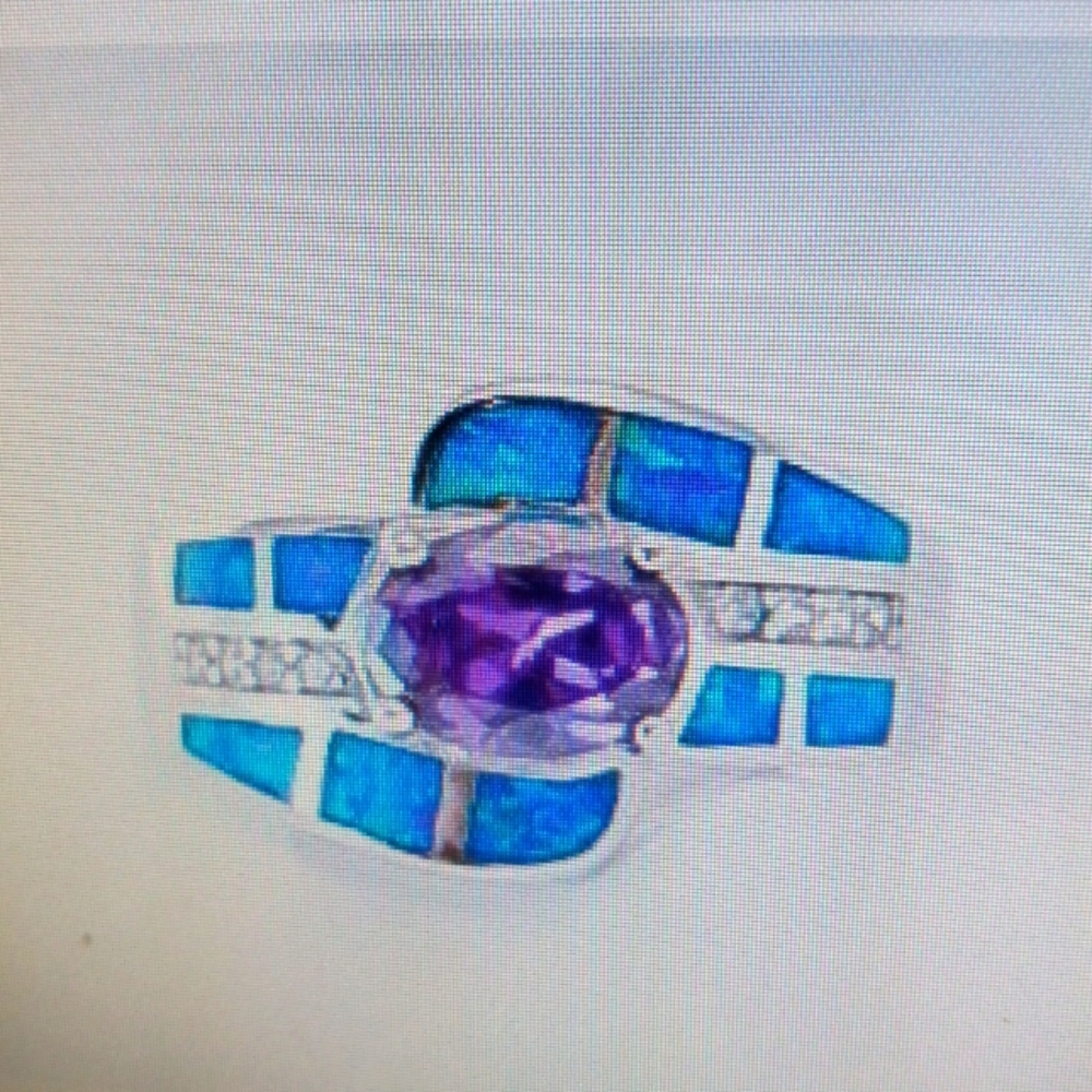 Amethyst blue fire opal inlay 925 sterling silver ring size 8